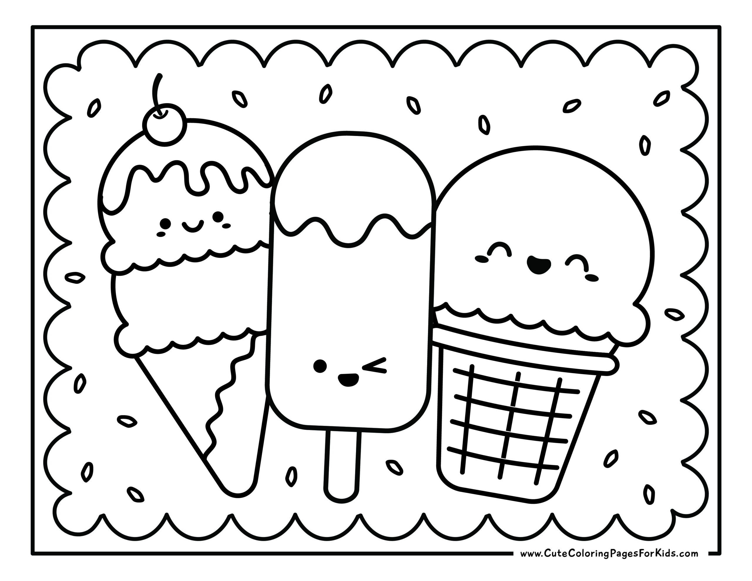 three cute ice creams to color with smiley faces