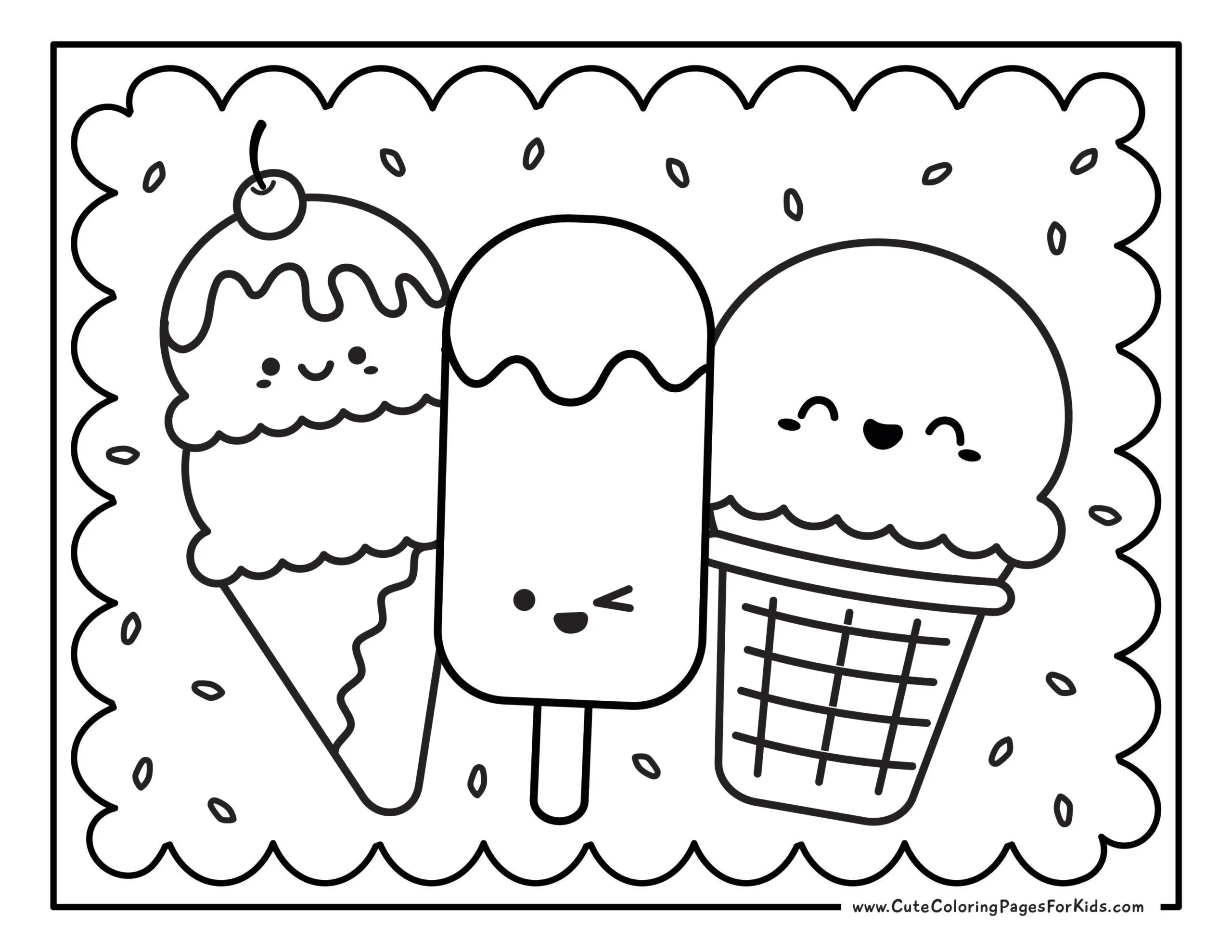 three cute ice creams to color with smiley faces