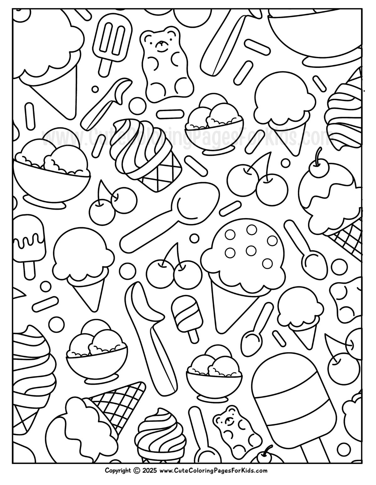 ice cream themed coloring sheet with full pattern of ice cream elements such as spoons, scoops, cones, bowls, cherries, etc.