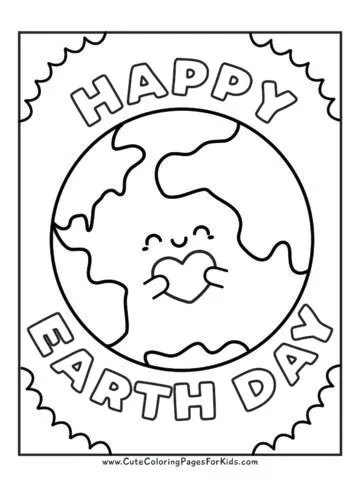 Earth Day coloring sheet with picture of Earth holding a heart and smiling.