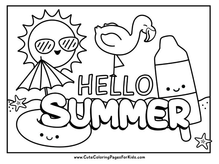 Hello Summer coloring page with beach elements of a pool float, beach umbrella, happy sun wearing sunglasses, a popsicle, and a flamingo