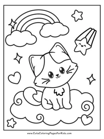 cute cat coloring page with shooting star and rainbow