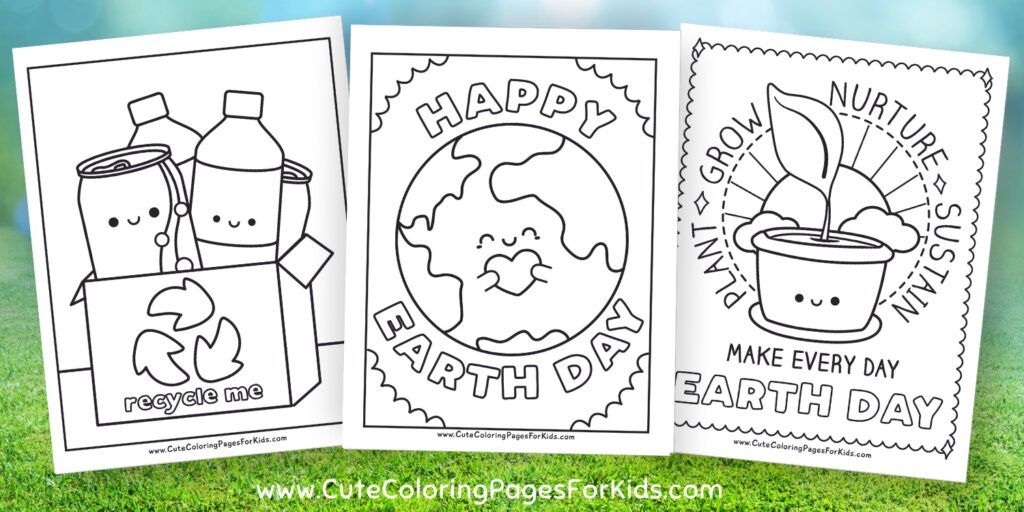 Three coloring pages for Earth Day with grassy background