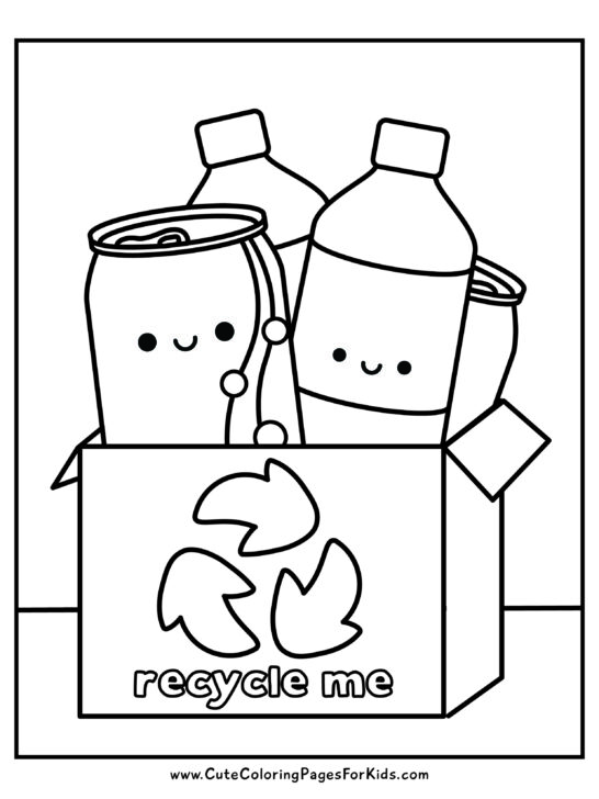 coloring sheet of cute and smiling soda can and water bottle in a recycling box with the words Recycle Me