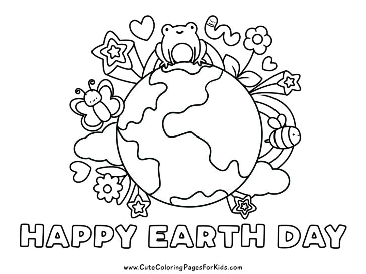 Happy Earth Day coloring page with Earth surrounded by nature elements