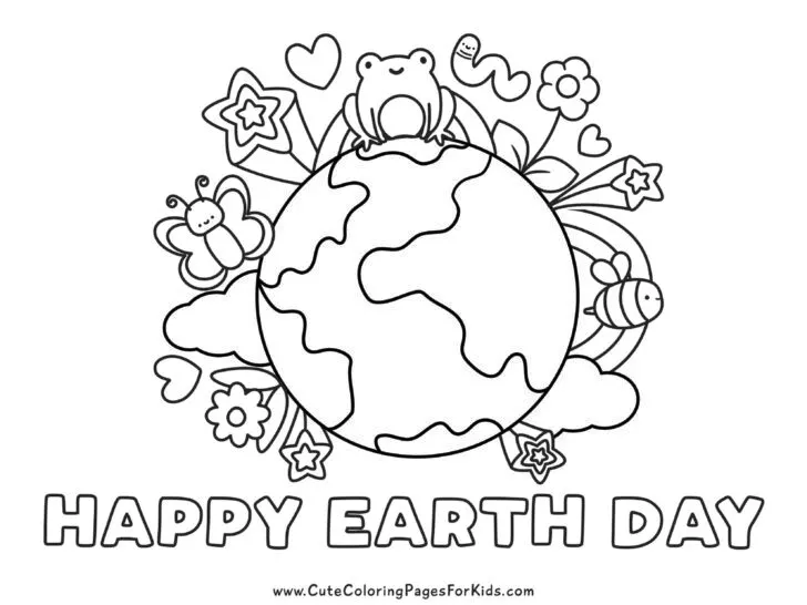 Happy Earth Day coloring page with Earth surrounded by nature elements