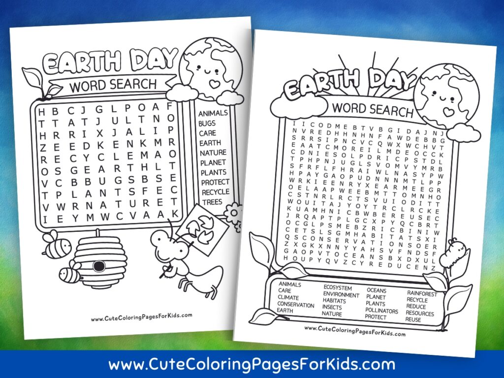 Two Earth Day word search puzzle sheets with sky and grass in the background