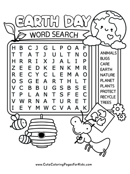 Easy Earth Day word search with 10 words and cute elements to color