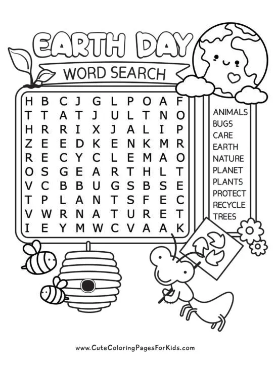 Easy Earth Day word search with 10 words and cute elements to color