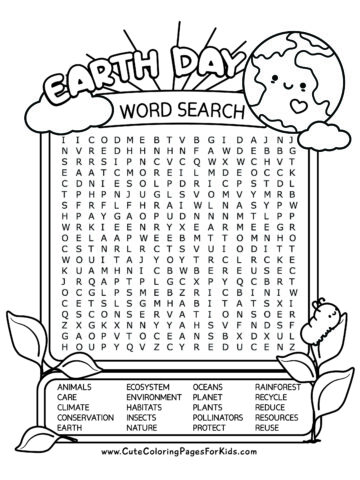 Earth Day word search puzzle sheet with 20 words and pictures of a cute Earth, leaf sprouts, and a cute caterpillar