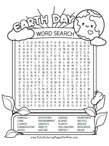 Earth Day word search puzzle sheet with 20 words and pictures of a cute Earth, leaf sprouts, and a cute caterpillar