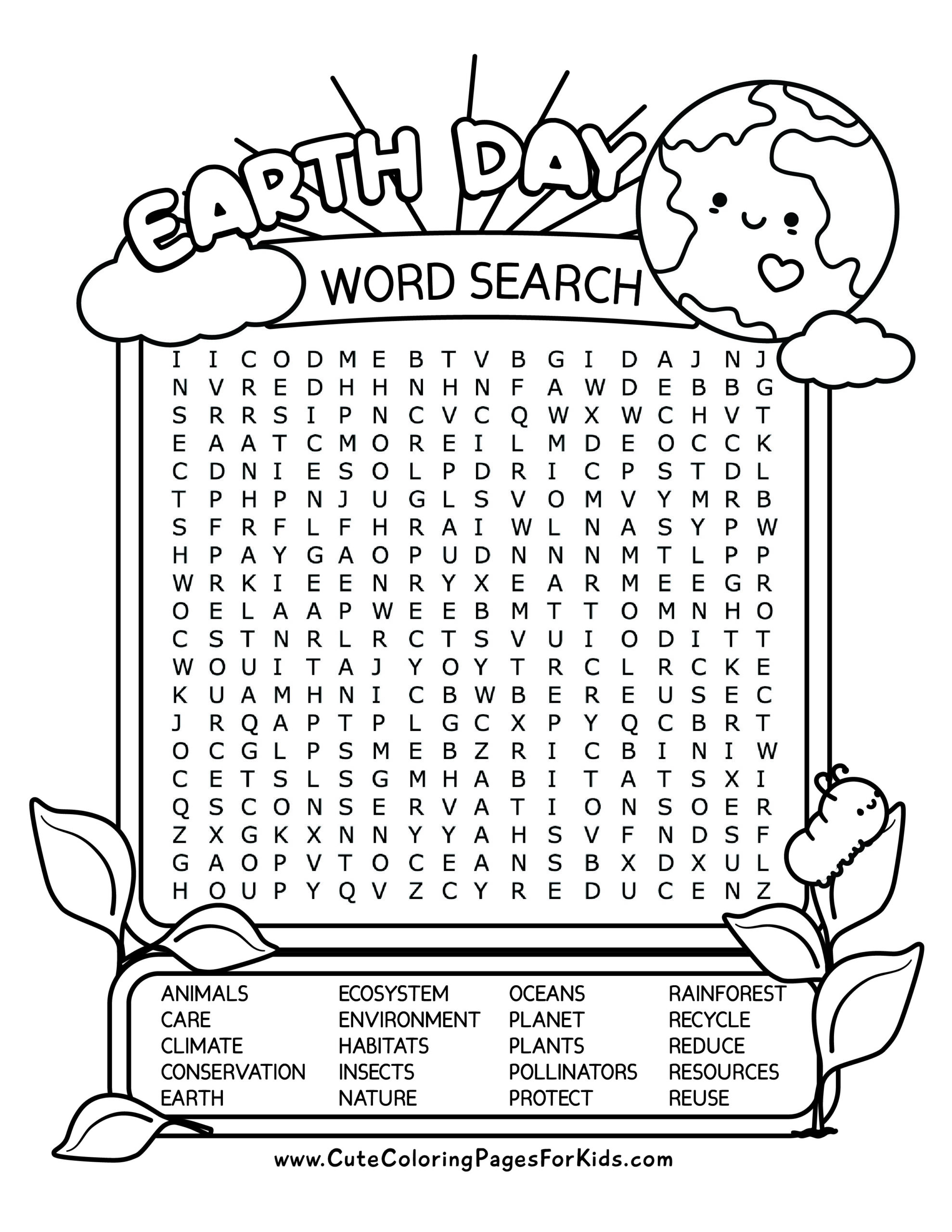 Free Printable Earth Day Word Search Puzzles for Kids Cute Coloring Free Printable Earth Day Word Search Puzzles for Kids Cute Coloring