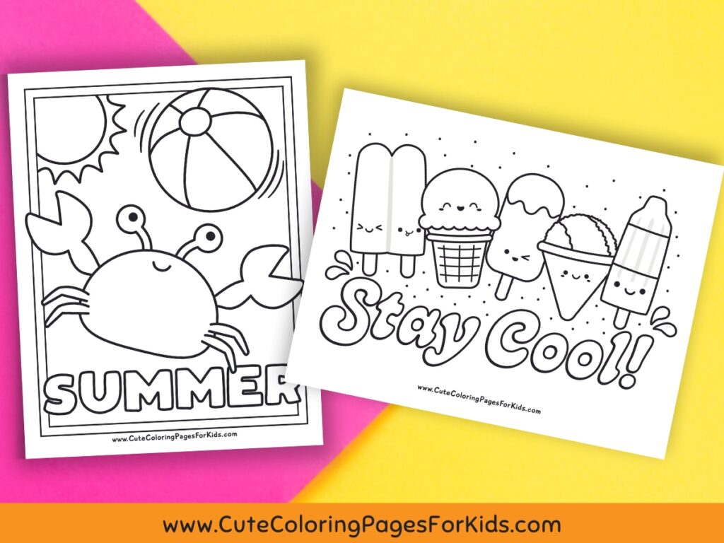 two simple coloring sheets for summer on top of a pink and yellow paper background