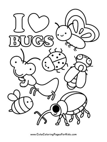 insect coloring page with six insects and the words I (heart) bugs