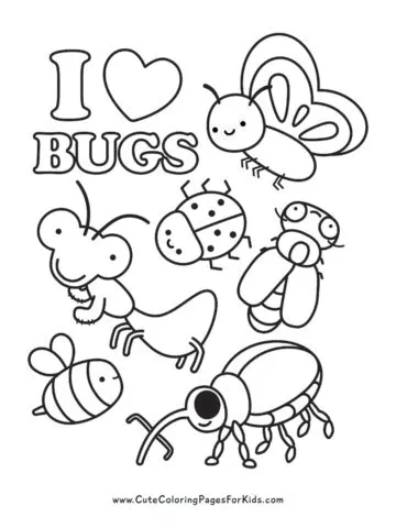 insect coloring page with six insects and the words I (heart) bugs