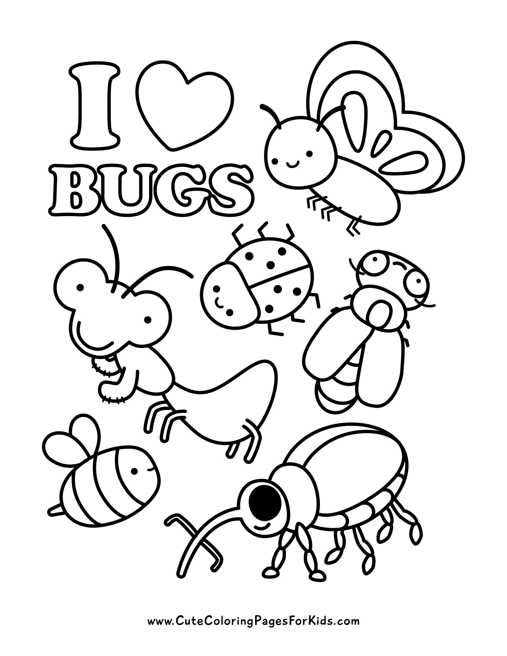 insect coloring page with six insects and the words I (heart) bugs