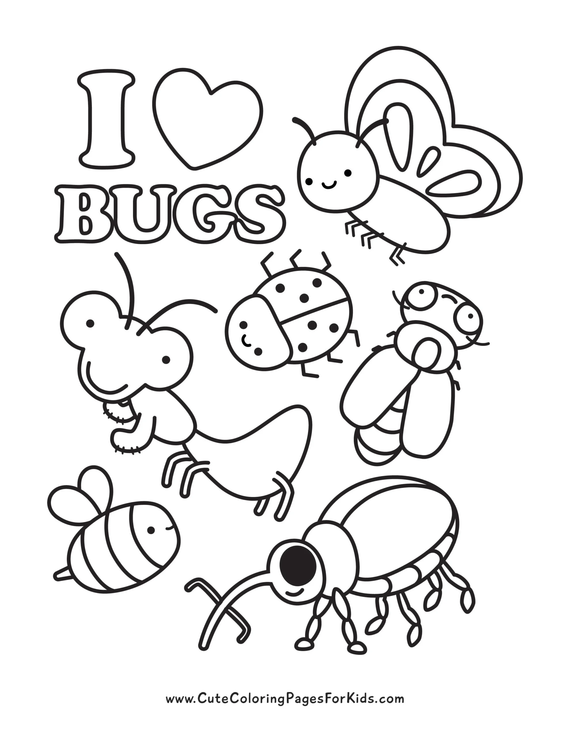 insect coloring page with six insects and the words I (heart) bugs