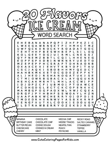 word search puzzle with 20 ice cream flavors