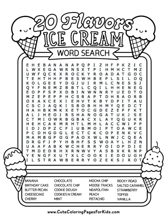 word search puzzle with 20 ice cream flavors