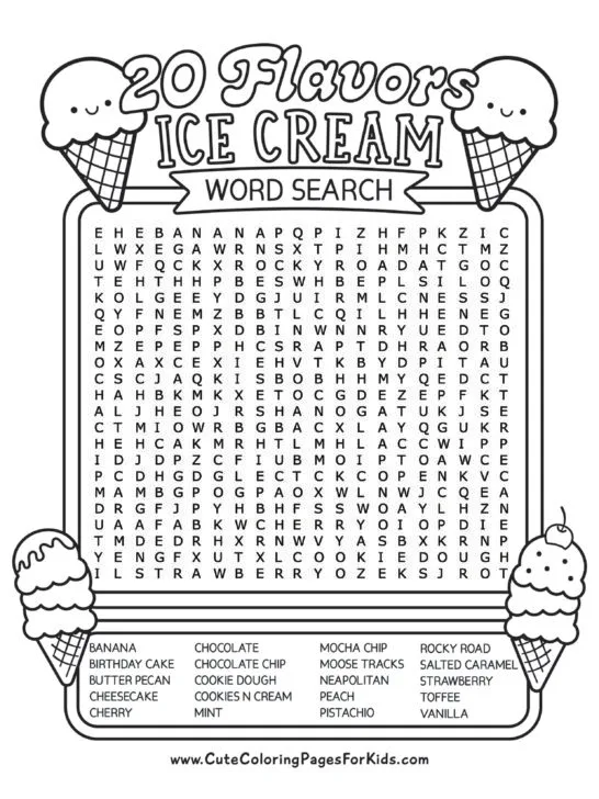 word search puzzle with 20 ice cream flavors