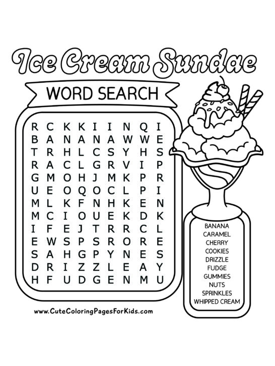 ice cream sundae toppings word search puzzle with an illustration of a sundae and 10 words