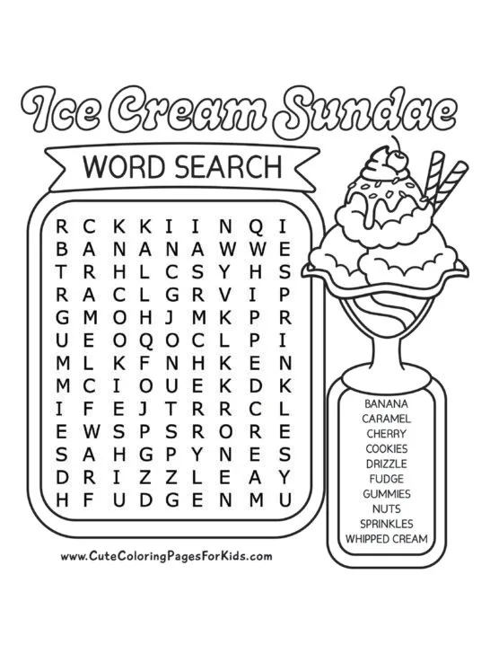 ice cream sundae toppings word search puzzle with an illustration of a sundae and 10 words