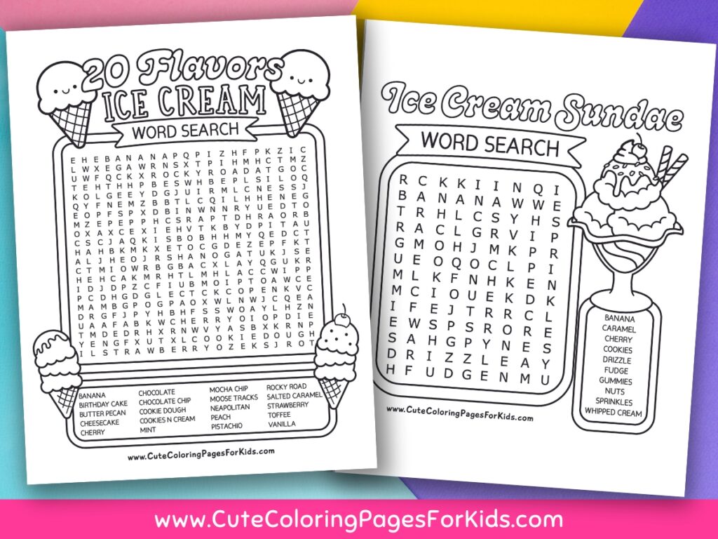 two ice cream themed word search printouts on top of brightly colored papers
