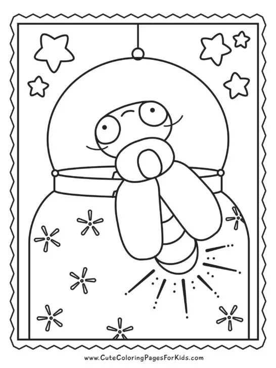 lightning bug coloring page with insect on a jar with stars in the background