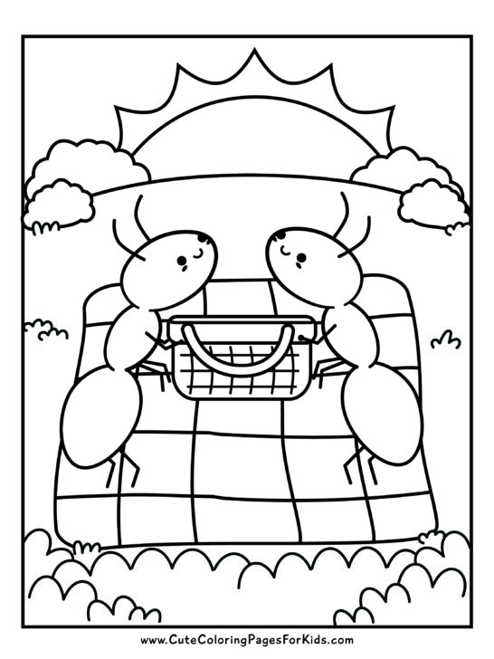 coloring page with two ants sharing a picnic basket on a picnic blanket