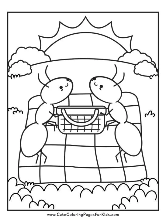 coloring page with two ants sharing a picnic basket on a picnic blanket