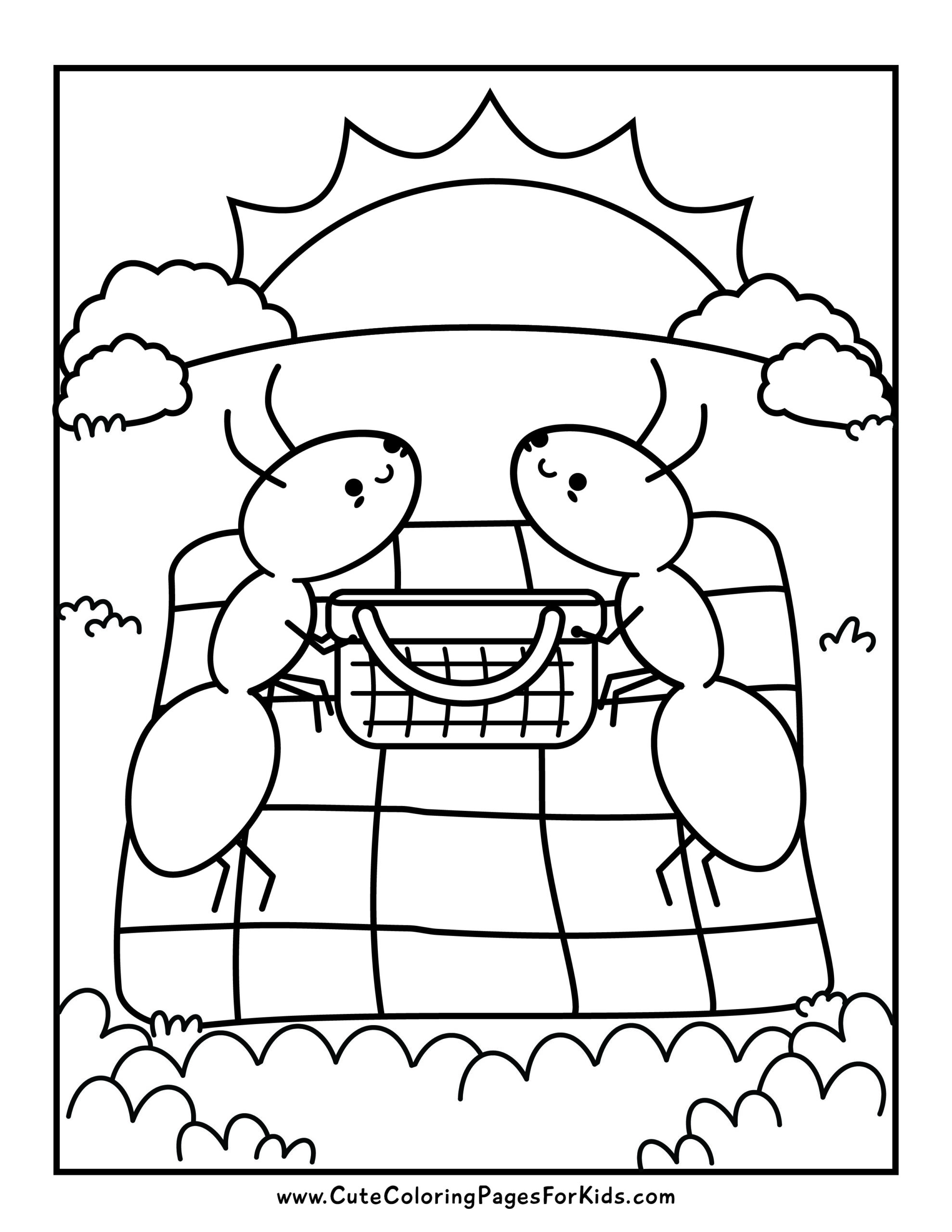 Coloring page with two ants sharing a picnic basket on a picnic blanket