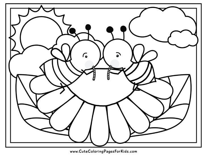 coloring sheet with two bees drinking nectar from a flower with sun and clouds in the background