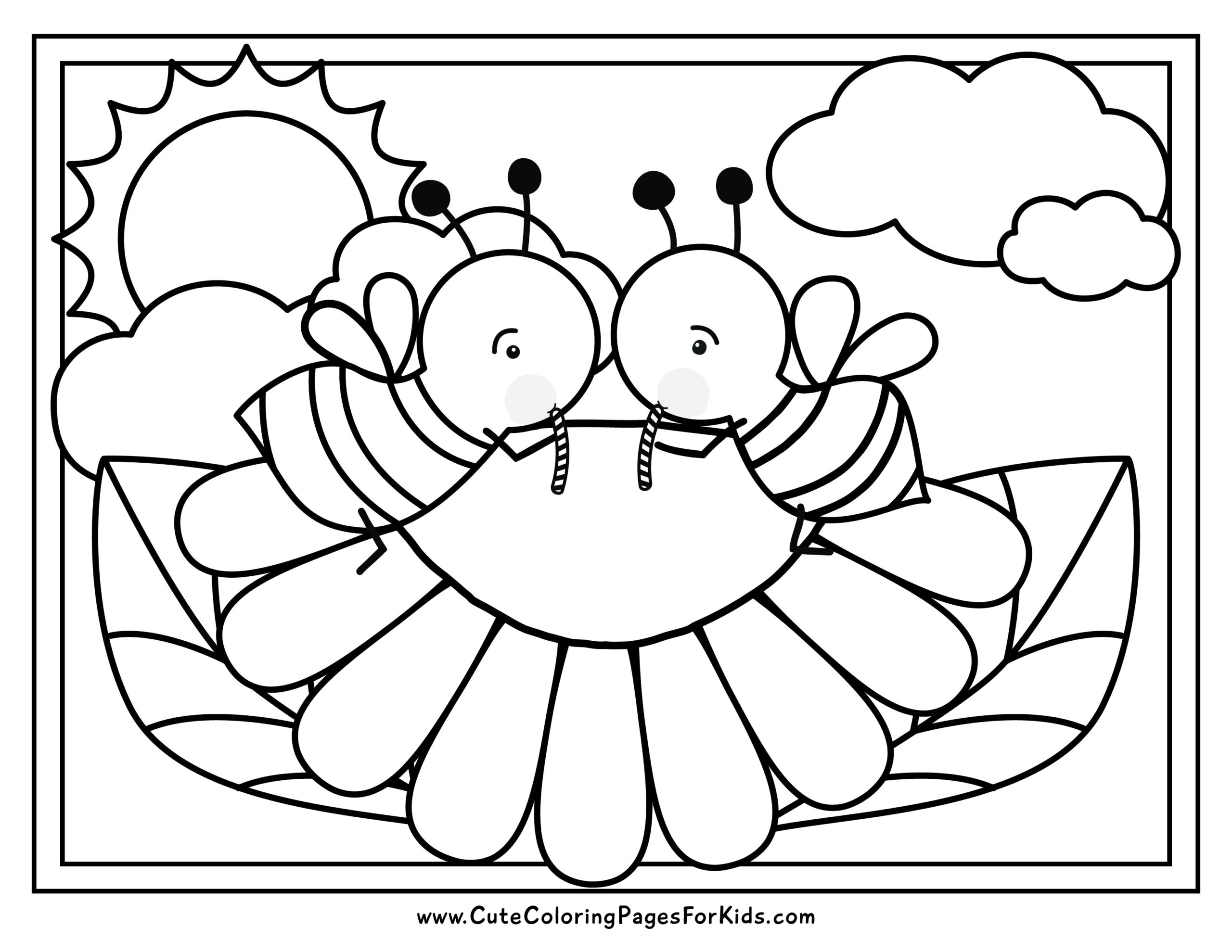 Colored paper with two bees drinking nectar from a flower in sunshine and clouds