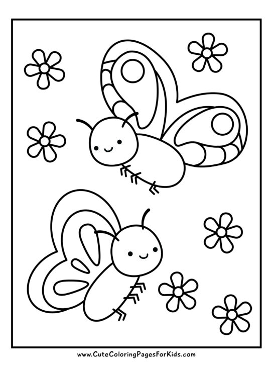 coloring page with two butterflies and some simple flowers