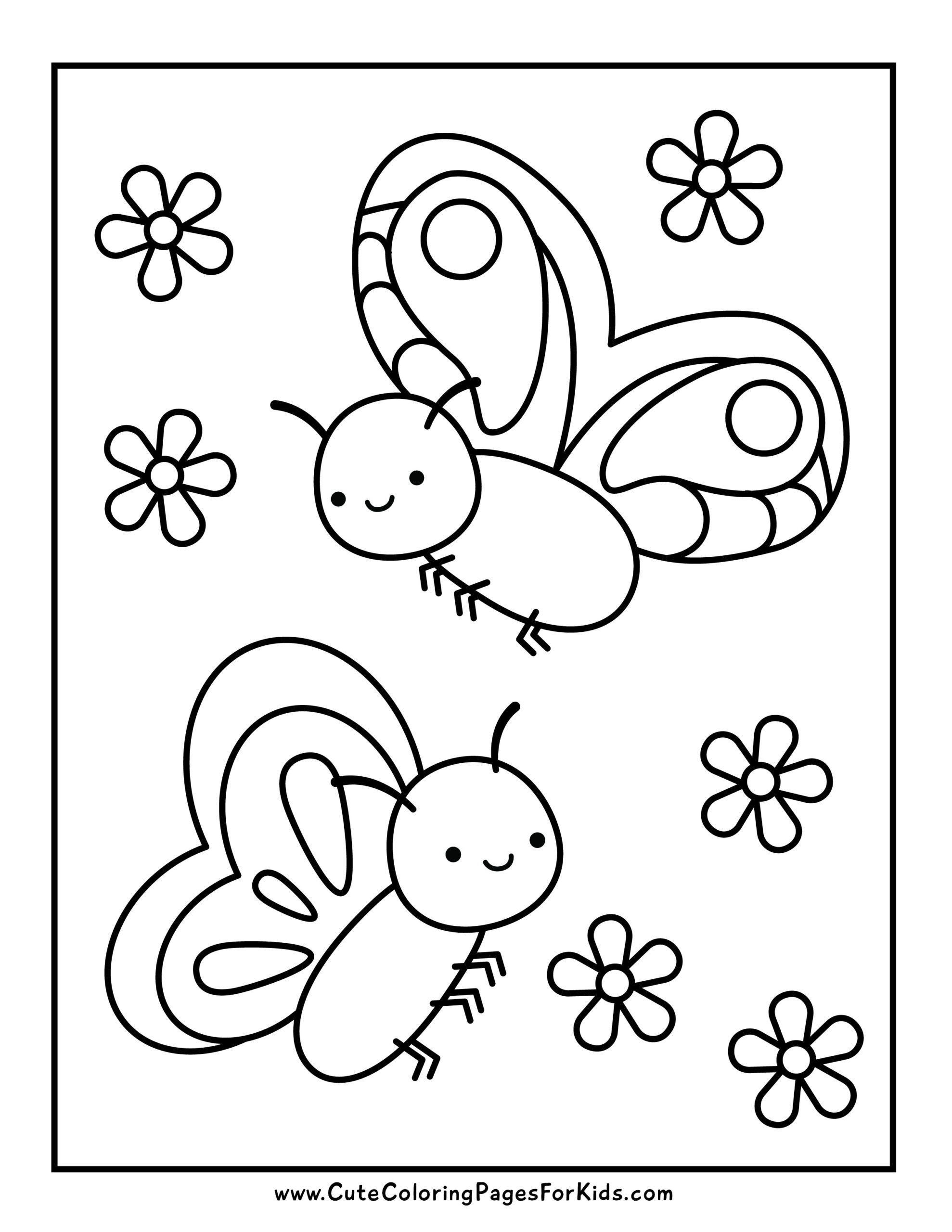 Coloring page with two butterflies and some simple flowers