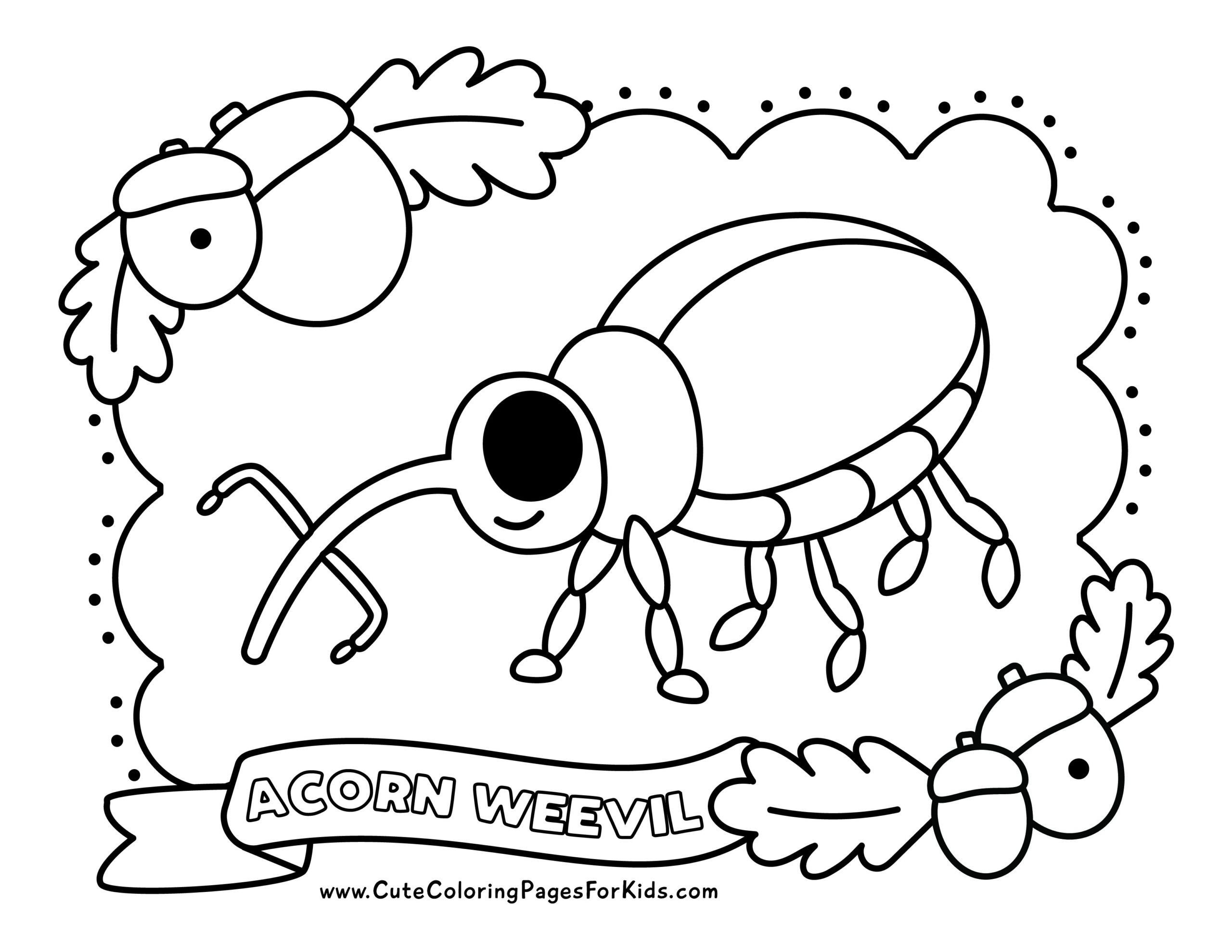 Coloring pages of cute drawings coated with acorns like nose