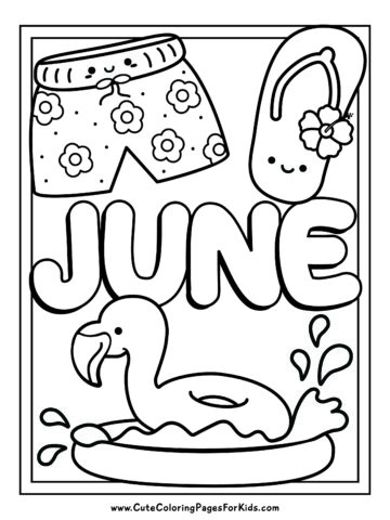 cute June coloring page with splashy flamingo pool float in a kiddie pool and cute shorts and flip flops