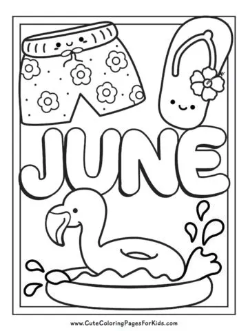 cute June coloring page with splashy flamingo pool float in a kiddie pool and cute shorts and flip flops