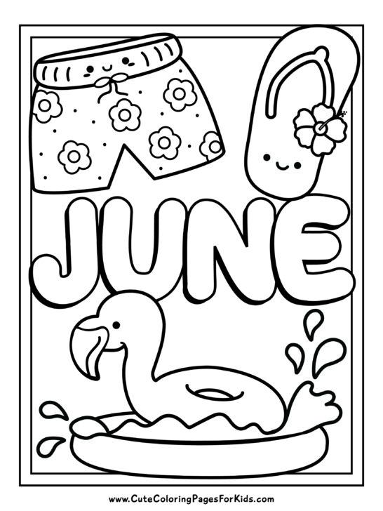 easy June coloring page with cute summer shorts, flip flop, and flamingo pool float in a kiddie pool