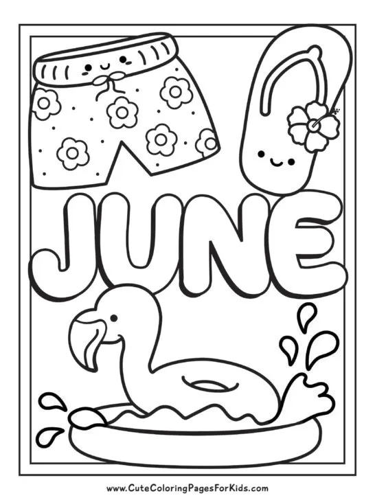 easy June coloring page with cute summer shorts, flip flop, and flamingo pool float in a kiddie pool