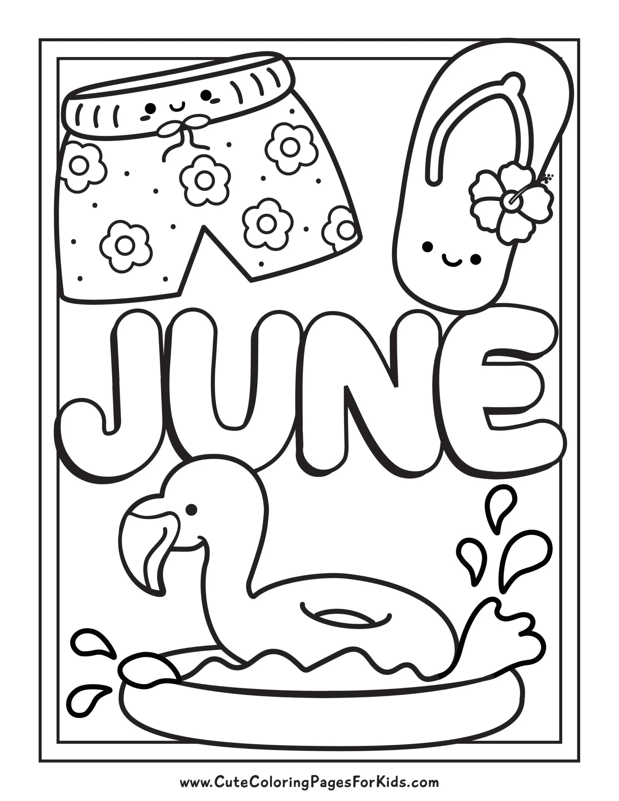 cute June coloring page with splashy flamingo pool float in a kiddie pool and cute shorts and flip flops
