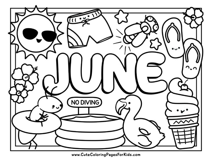 June coloring page with pool floats, ice cream, summer bugs, and sunshine to color