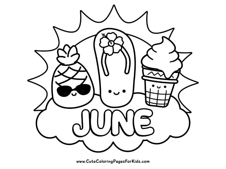 simple June coloring sheet with pineapple wearing sunglasses, flip flop with hibiscus flower, melting ice cream, and sunshine background