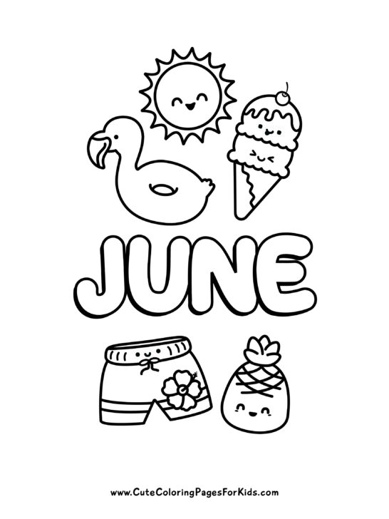 cute June coloring page with kawaii elements