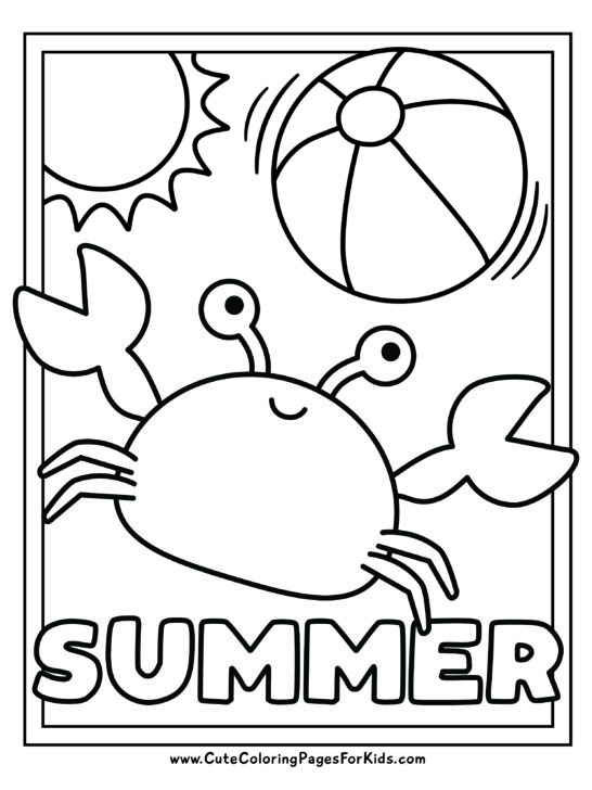 summer coloring page with cute crab bouncing a beach ball and sun shining