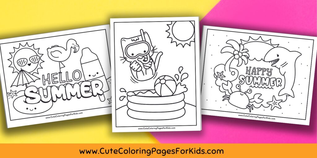 three summer themed coloring sheets on a bright pink and yellow paper background