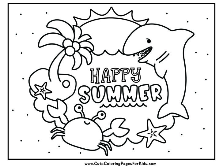 Happy Summer coloring page with a drawing of a cute shark, a crab, and a palm tree on a little island with the sun shining in the background