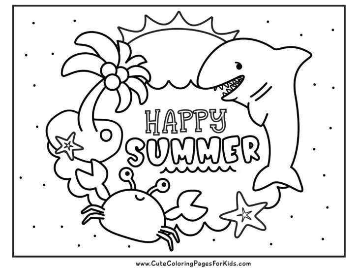 Happy Summer coloring page with a drawing of a cute shark, a crab, and a palm tree on a little island with the sun shining in the background