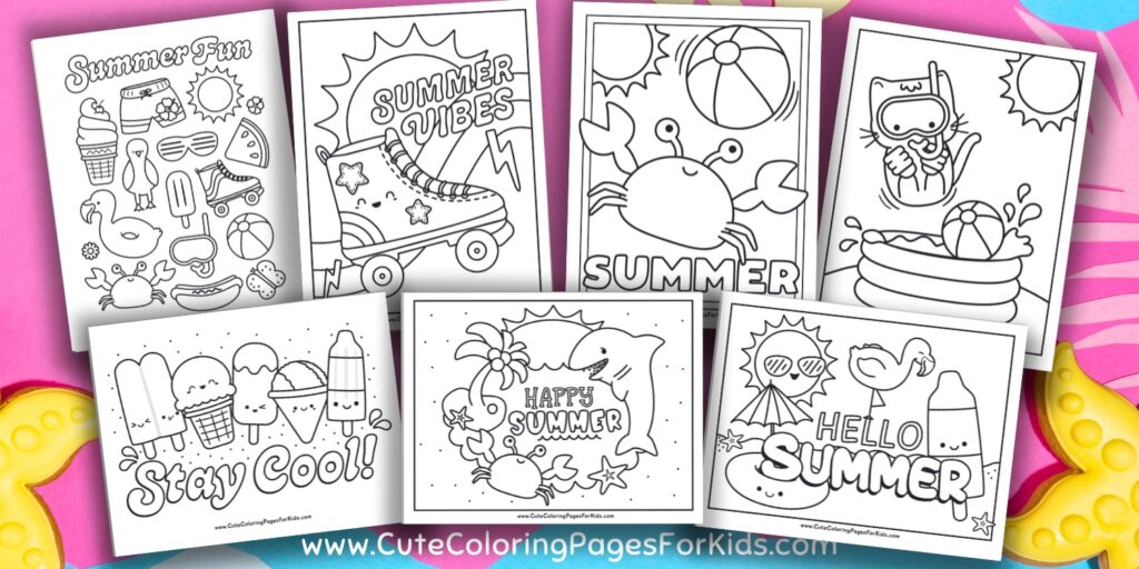 collection of seven summer-themed coloring sheets, will cute kawaii elements and charactres