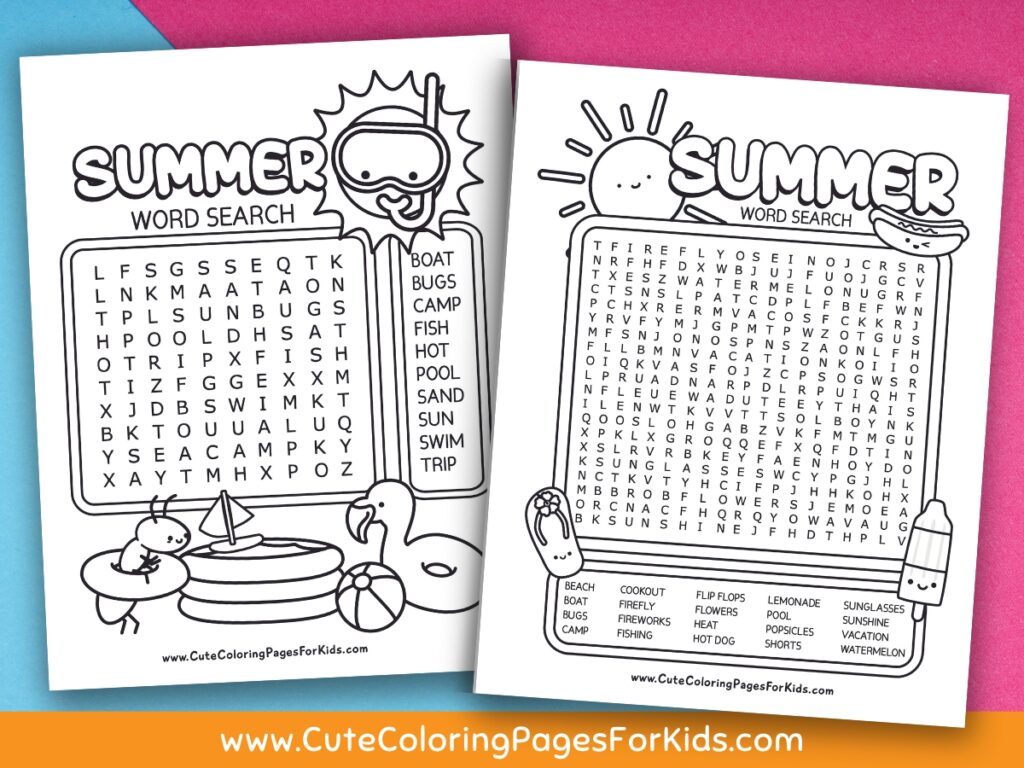 Two summer word search puzzle sheets in black and white with pink and blue background